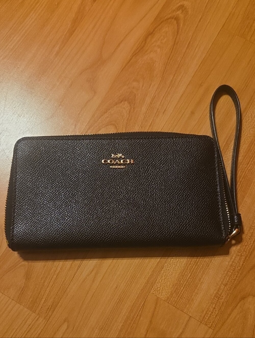 Coach Black Pebbled Leather Zip Wristlet Wallet with Gold Logo